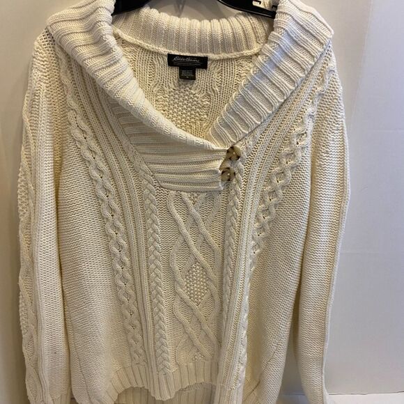 Eddie Bauer Xl cable knit cream sweater cowl neck chunky wood buttons - Picture 1 of 5